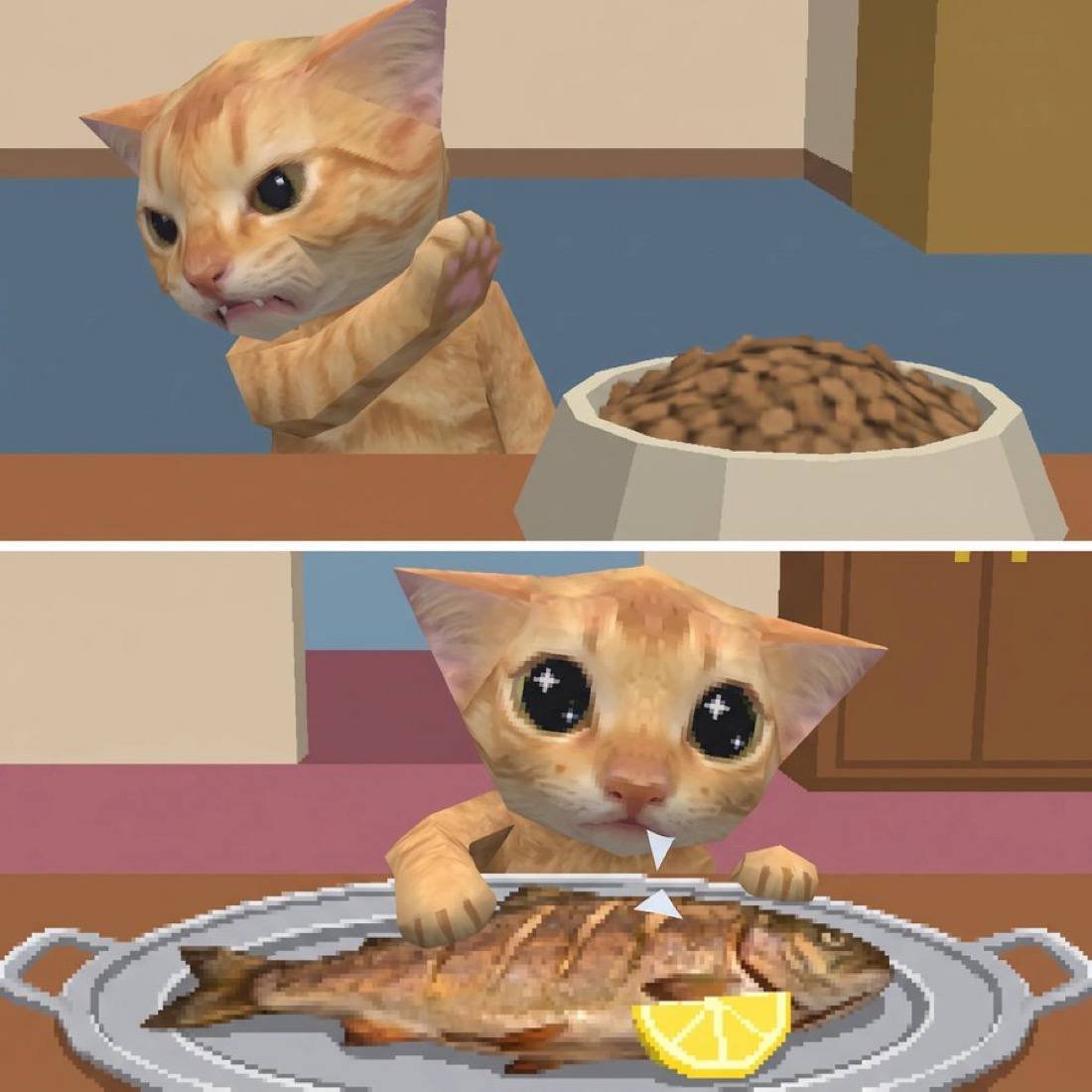 Two-panel low-poly cat meme: refusing dry food, then delighted by a fish