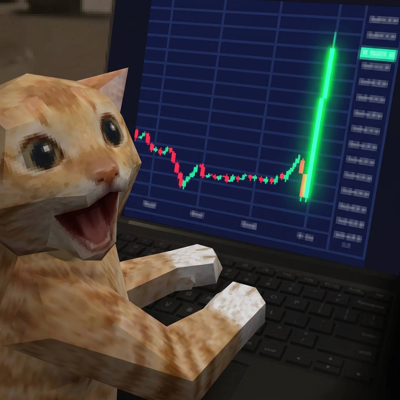 Low-poly cat cheering at a laptop showing a vertical green candle