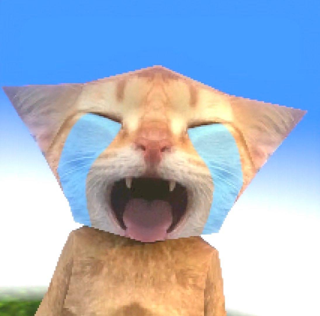 A low-poly cat with a flat triangular head crying against a blue sky