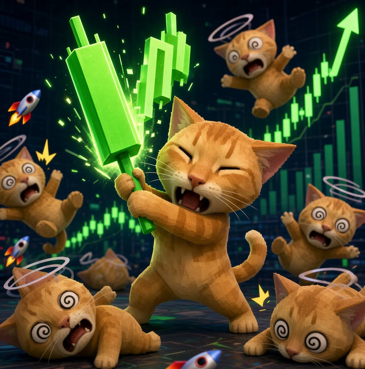 A low-poly cat dancing with a giant green candle while other cats spin around it