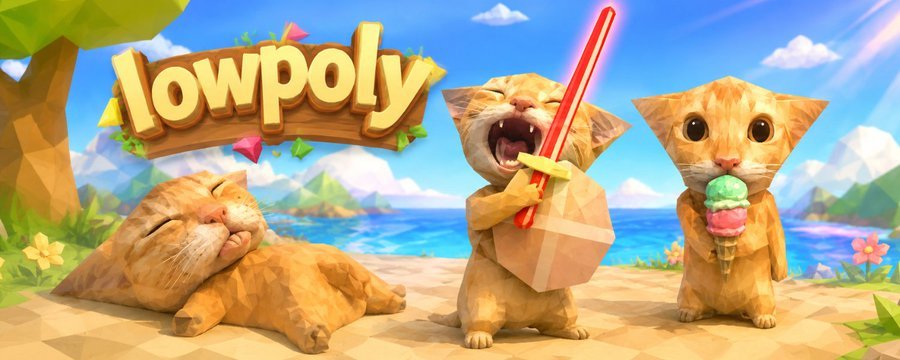 Low-poly cats on a tropical island: a sleeping cat, a cat with a lightsaber, and a cat holding an ice cream cone