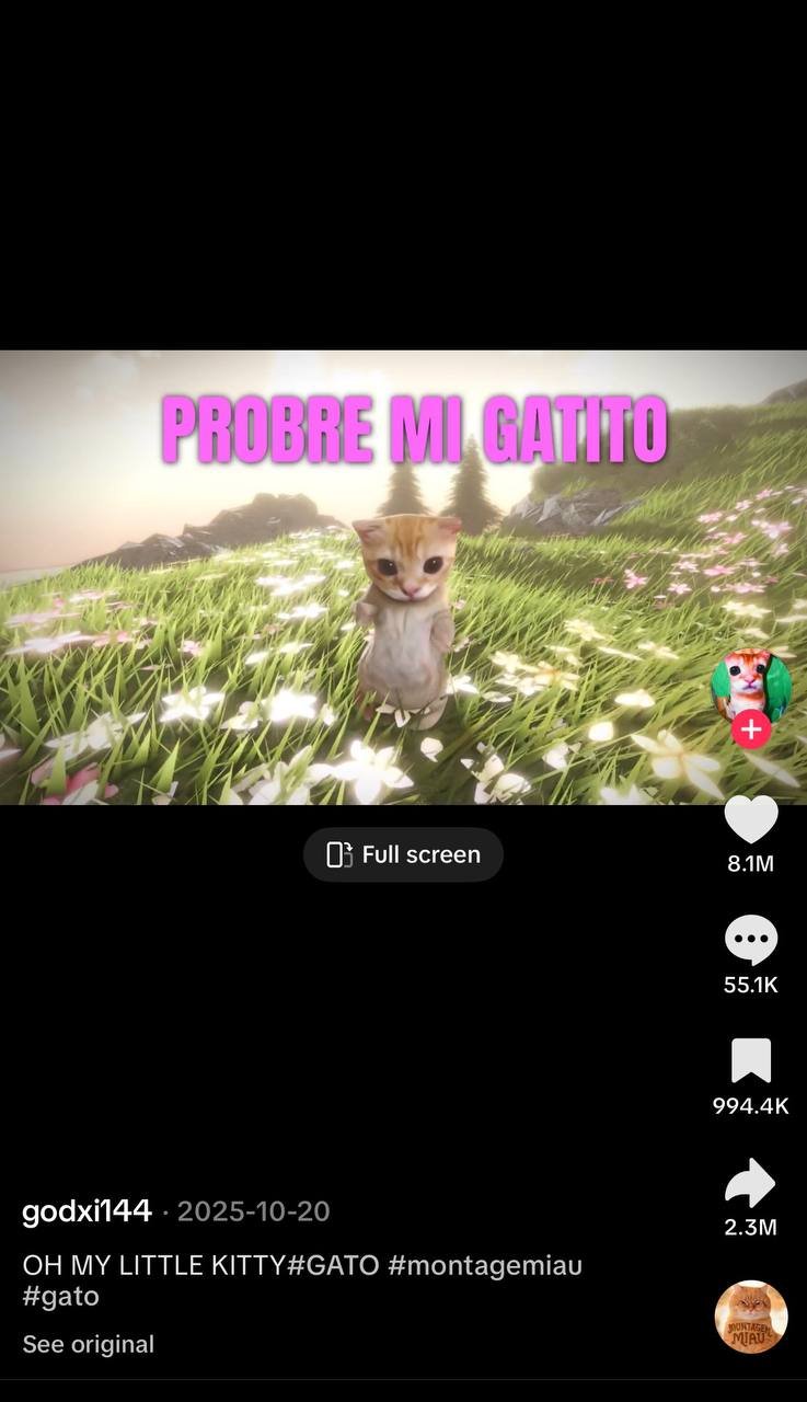 TikTok post showing a low-poly cat clip with 8.1M likes, 2.3M shares and 994.4K saves