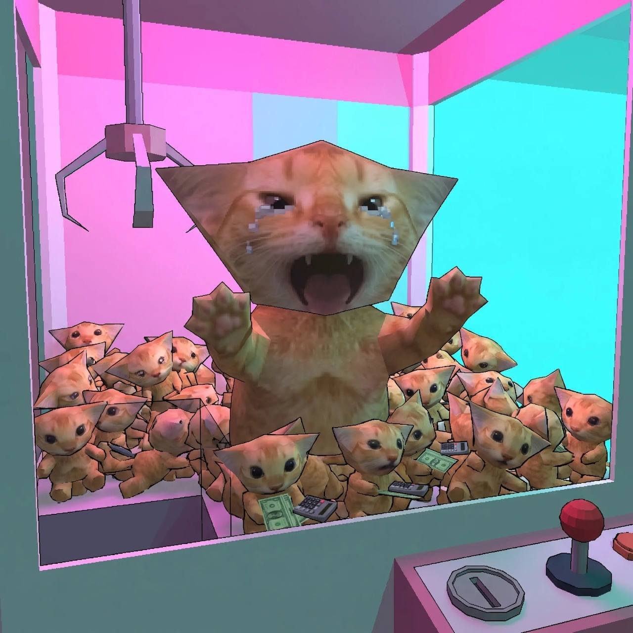 A claw machine packed full of low-poly cats, one screaming at the glass
