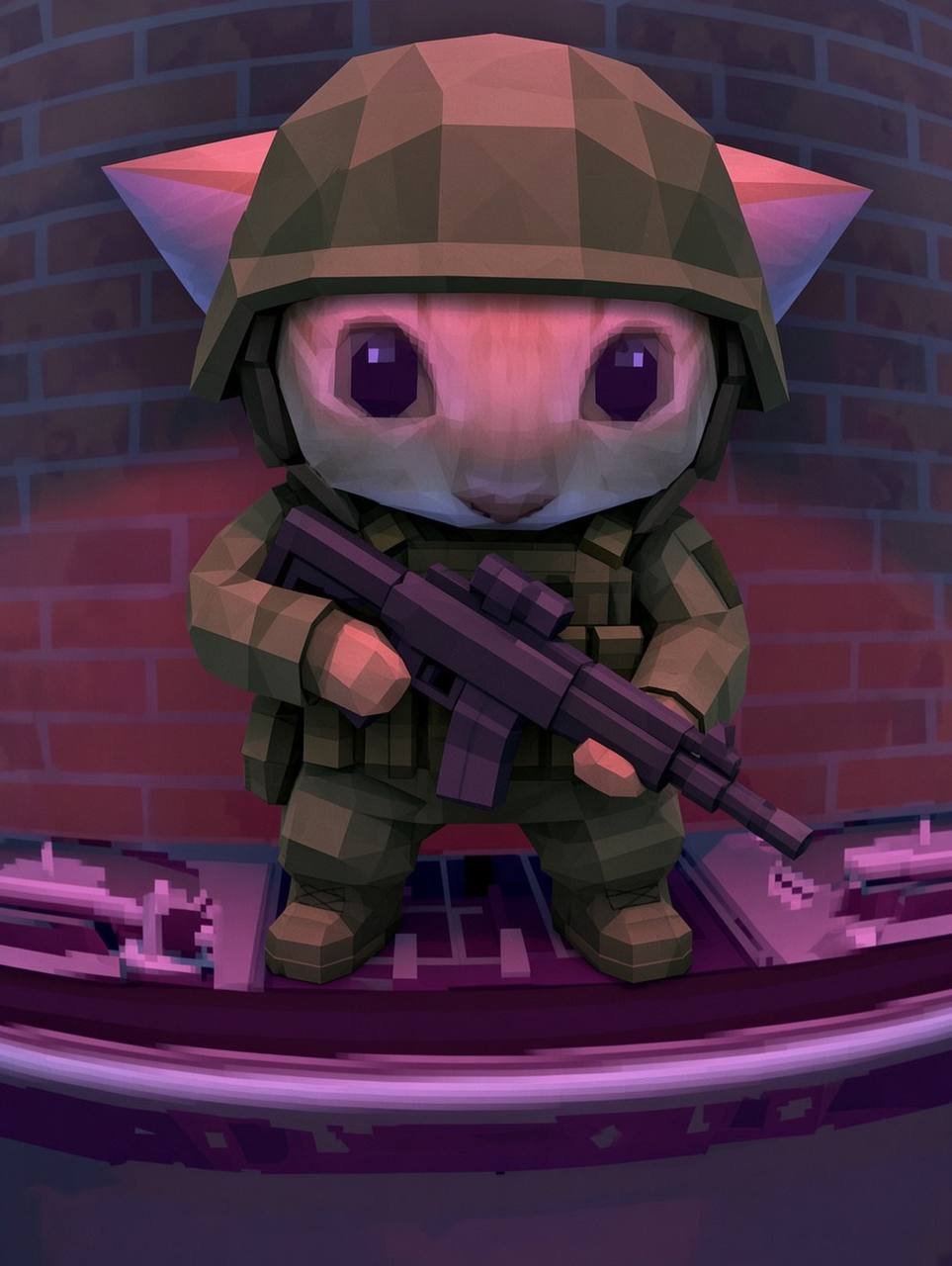 A low-poly cat in a helmet and combat gear holding a rifle
