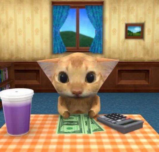 Low-poly cat at a kitchen table with a dollar bill, a calculator and a purple drink