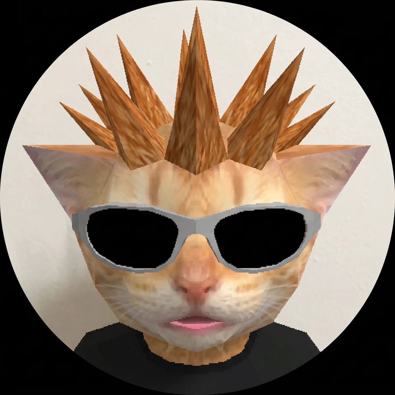 Low-poly cat avatar with spiked orange hair and black sunglasses