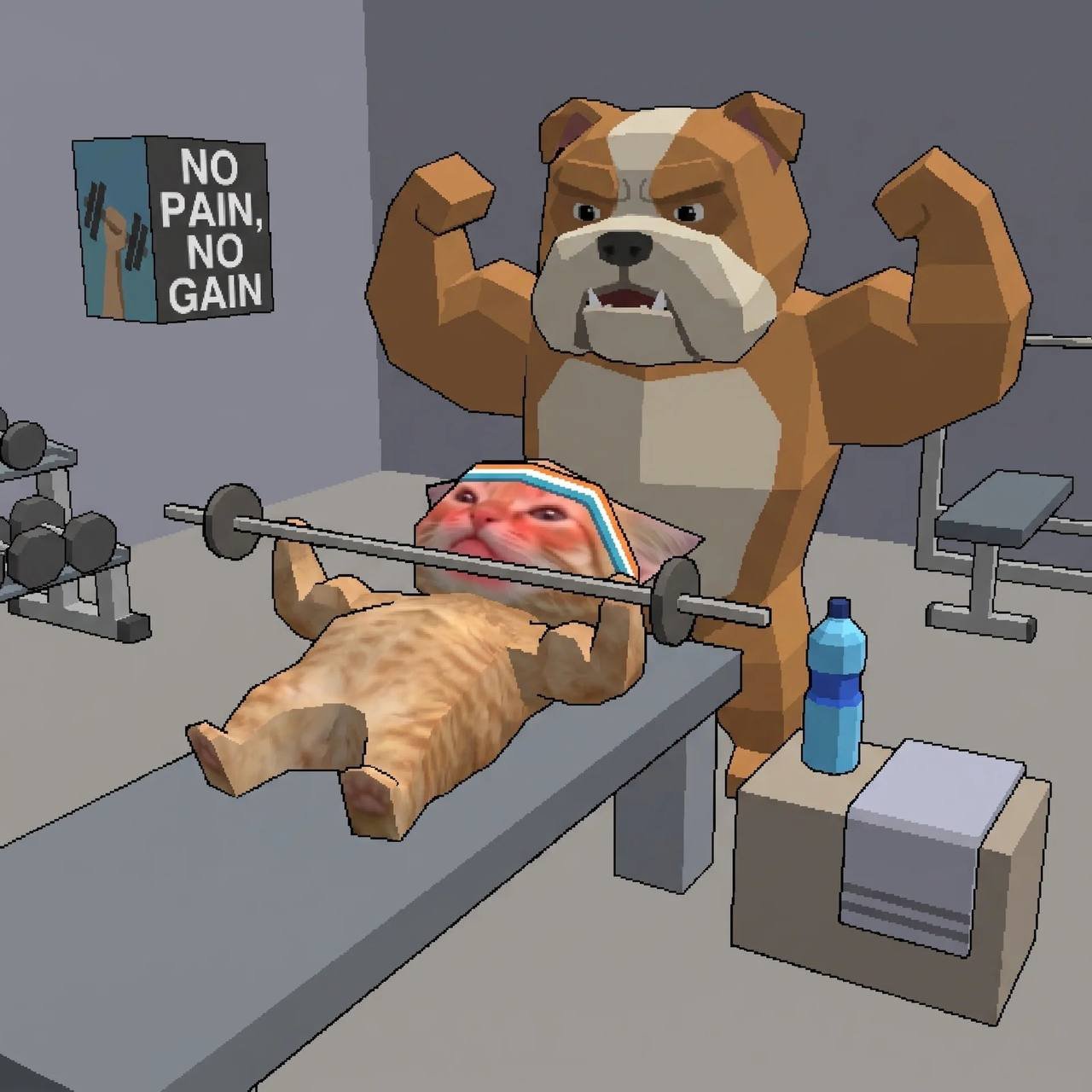 Low-poly cat failing a bench press while a muscular bulldog flexes behind it