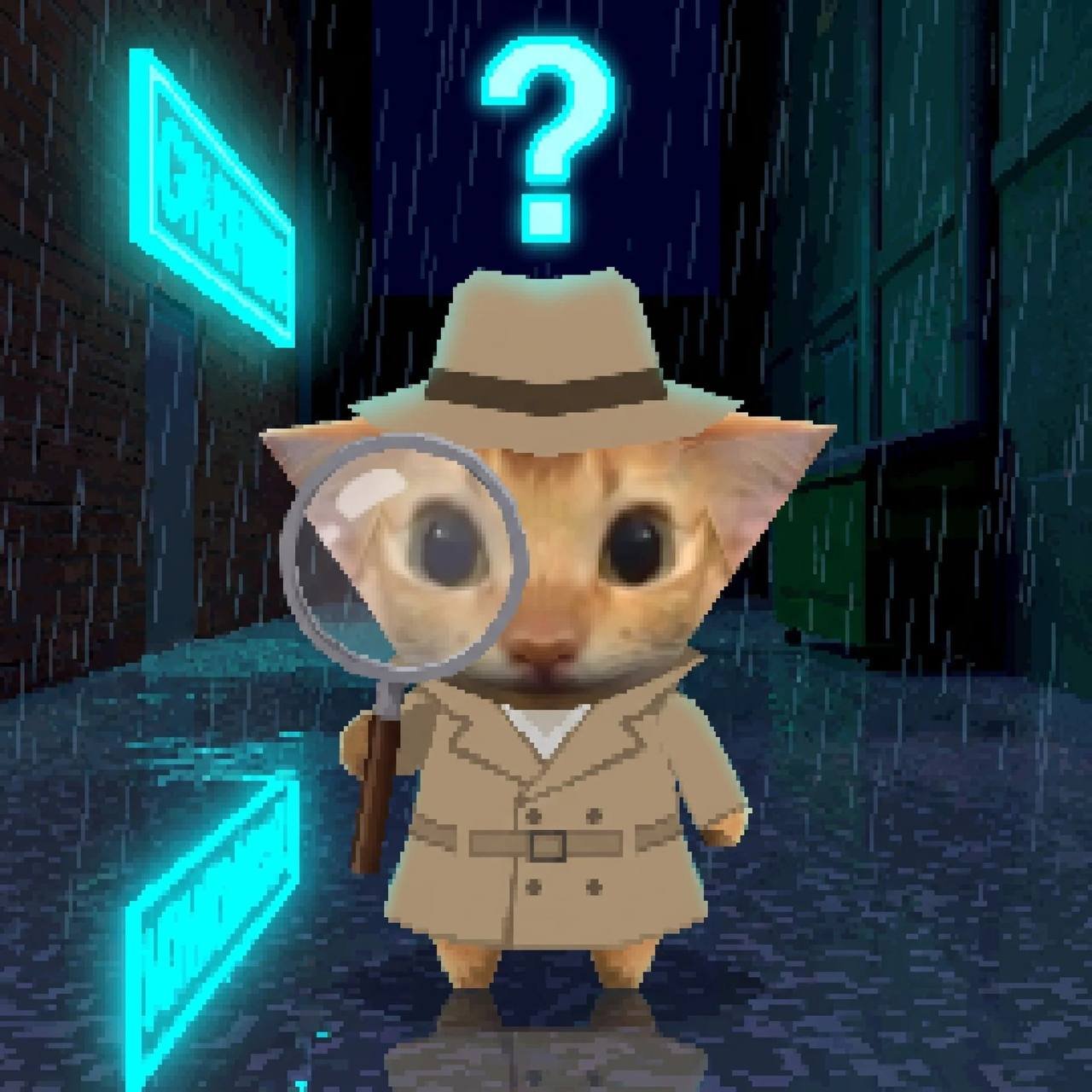 Detective low-poly cat with a magnifying glass in a rainy neon alley