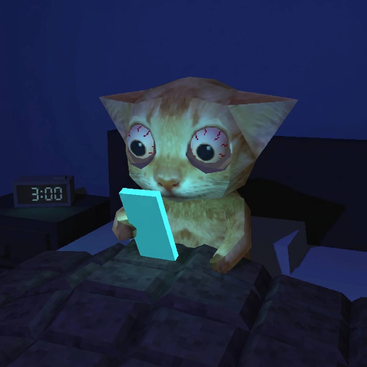 Low-poly cat awake at 3AM staring at a glowing phone with bloodshot eyes