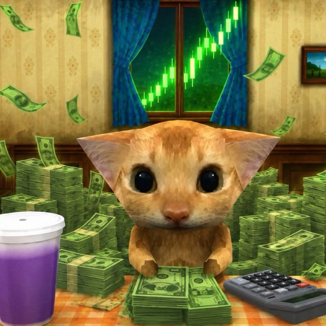 Low-poly cat surrounded by stacks of cash with green candles outside the window