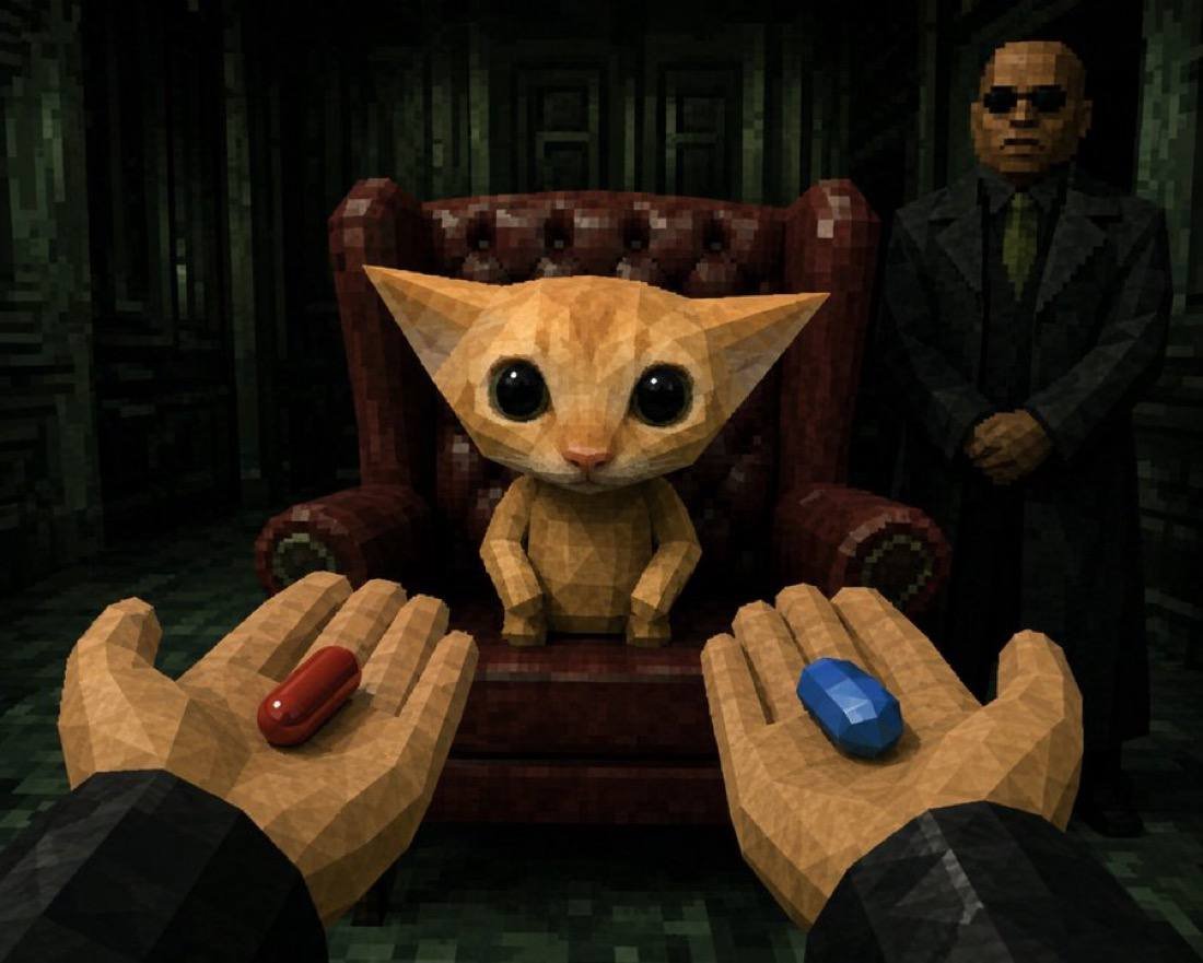 Low-poly cat in an armchair being offered a red pill and a blue pill
